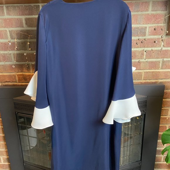 NWT Carolina Herrera Navy Blue and White Ruffle Sleeve Dress, Size M - Picture 2 of 7